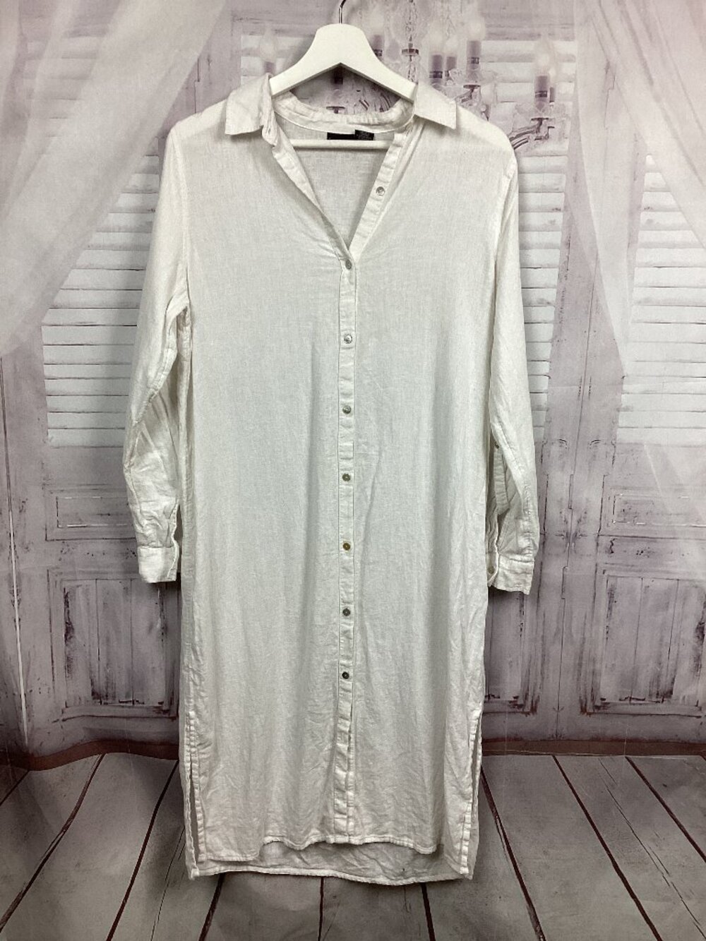 Tahari White Long Button-Down Linen Blend Shirt Dress M